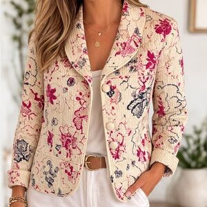 Sigurd Olsen Woman’s Silk Blend Quilted Floral Jacket Button Front Designer Chic